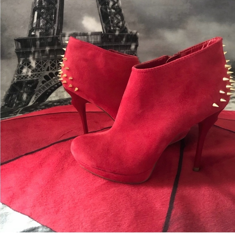 Dolce Vida Red Suede Gold Spiked Ankle Boots